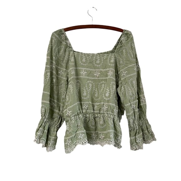 Cato Womens Green Eyelet Embroidered Boho Cinched Waist Square Neck Blouse XL - Picture 1 of 6
